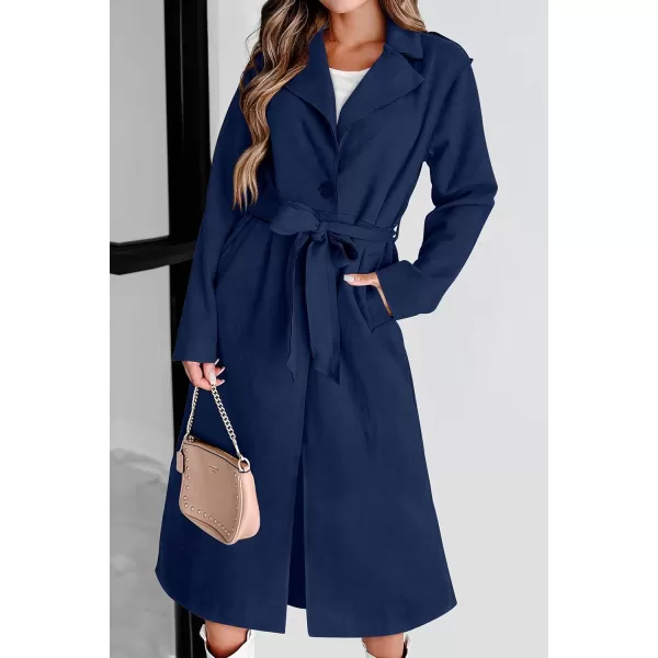 imagePRETTYGARDEN Womens 2023 Fall Fashion Overcoat Faux Suede Shacket Jacket Lapel Belted Long Trench CoatsNavy