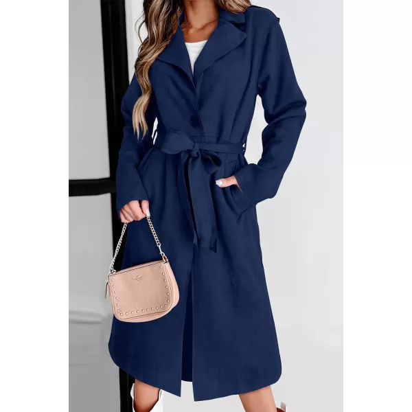 imagePRETTYGARDEN Womens 2023 Fall Fashion Overcoat Faux Suede Shacket Jacket Lapel Belted Long Trench CoatsNavy