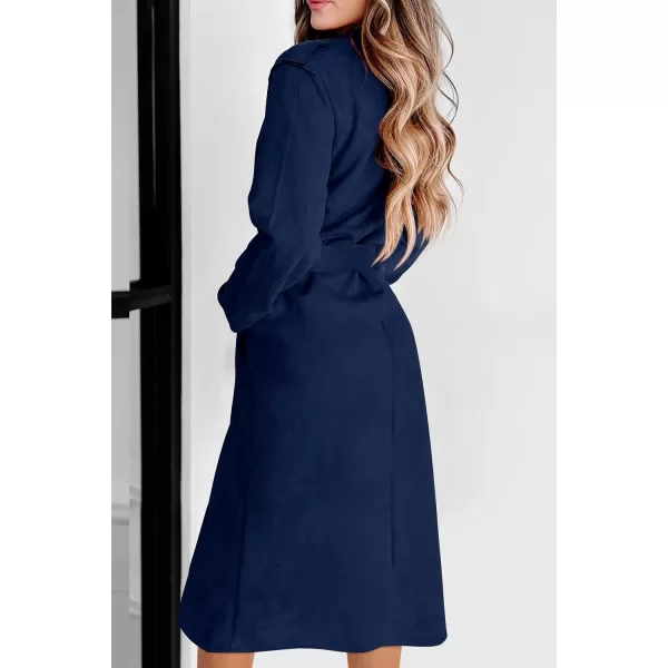 imagePRETTYGARDEN Womens 2023 Fall Fashion Overcoat Faux Suede Shacket Jacket Lapel Belted Long Trench CoatsNavy