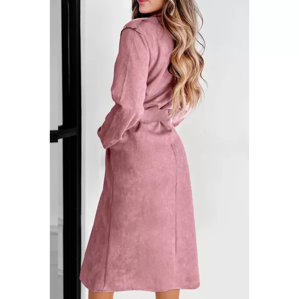 imagePRETTYGARDEN Womens 2023 Fall Fashion Overcoat Faux Suede Shacket Jacket Lapel Belted Long Trench CoatsPink