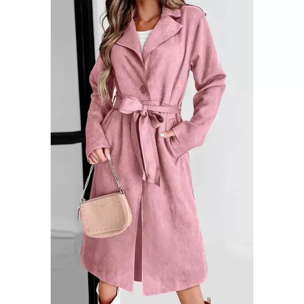 imagePRETTYGARDEN Womens 2023 Fall Fashion Overcoat Faux Suede Shacket Jacket Lapel Belted Long Trench CoatsPink