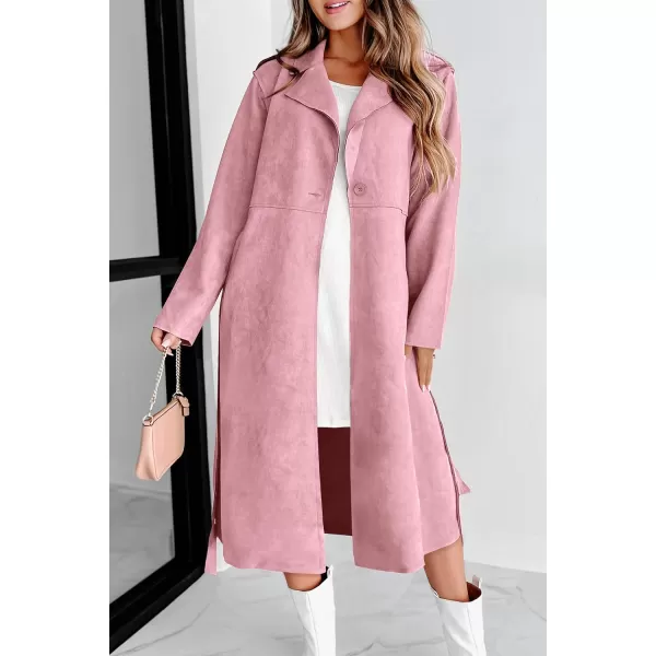 imagePRETTYGARDEN Womens 2023 Fall Fashion Overcoat Faux Suede Shacket Jacket Lapel Belted Long Trench CoatsPink