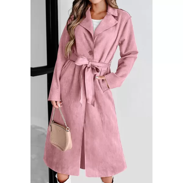 imagePRETTYGARDEN Womens 2023 Fall Fashion Overcoat Faux Suede Shacket Jacket Lapel Belted Long Trench CoatsPink