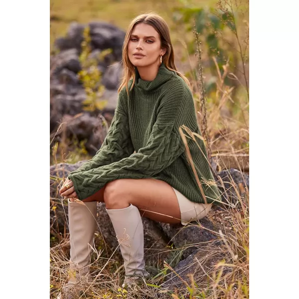 imagePRETTYGARDEN Womens 2023 Fall Fashion Pullover Sweaters Turtleneck Long Sleeve Cable Knit Sweater Casual Chunky Jumper TopsArmy Green