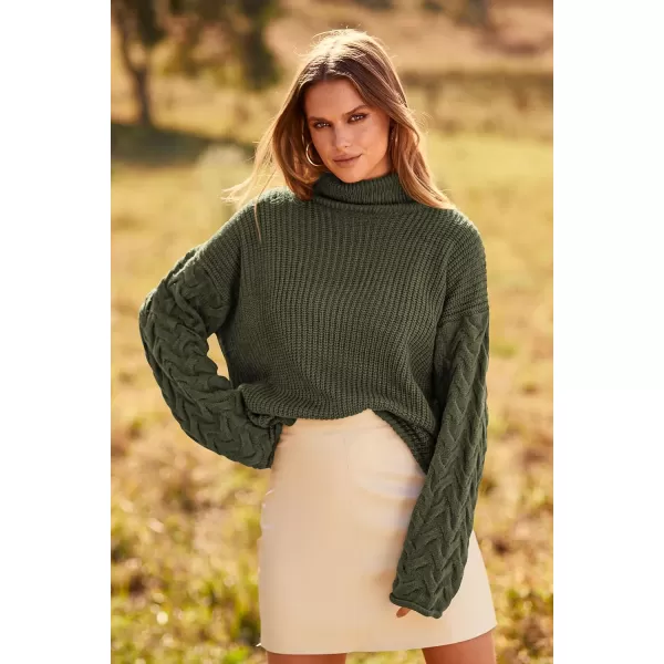 imagePRETTYGARDEN Womens 2023 Fall Fashion Pullover Sweaters Turtleneck Long Sleeve Cable Knit Sweater Casual Chunky Jumper TopsArmy Green