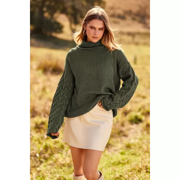 imagePRETTYGARDEN Womens 2023 Fall Fashion Pullover Sweaters Turtleneck Long Sleeve Cable Knit Sweater Casual Chunky Jumper TopsArmy Green