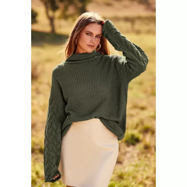 imagePRETTYGARDEN Womens 2023 Fall Fashion Pullover Sweaters Turtleneck Long Sleeve Cable Knit Sweater Casual Chunky Jumper TopsArmy Green