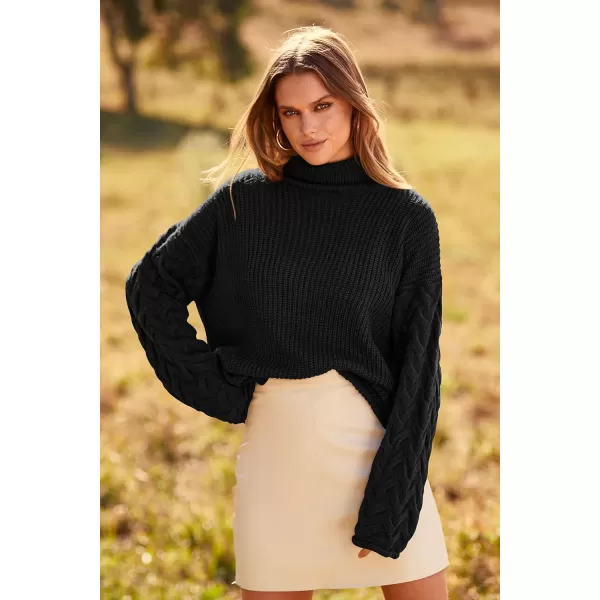 imagePRETTYGARDEN Womens 2023 Fall Fashion Pullover Sweaters Turtleneck Long Sleeve Cable Knit Sweater Casual Chunky Jumper TopsBlack