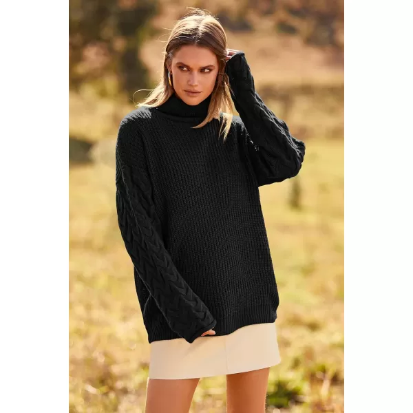 imagePRETTYGARDEN Womens 2023 Fall Fashion Pullover Sweaters Turtleneck Long Sleeve Cable Knit Sweater Casual Chunky Jumper TopsBlack
