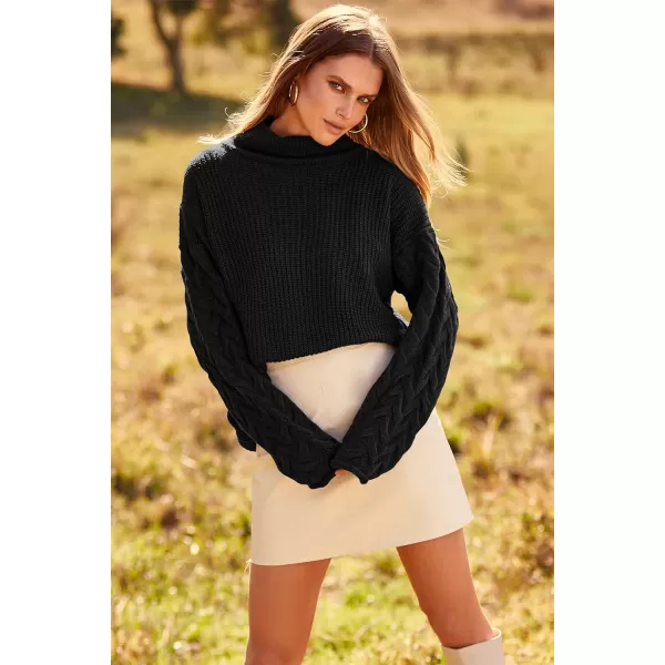 imagePRETTYGARDEN Womens 2023 Fall Fashion Pullover Sweaters Turtleneck Long Sleeve Cable Knit Sweater Casual Chunky Jumper TopsBlack