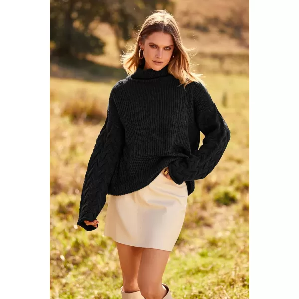 imagePRETTYGARDEN Womens 2023 Fall Fashion Pullover Sweaters Turtleneck Long Sleeve Cable Knit Sweater Casual Chunky Jumper TopsBlack