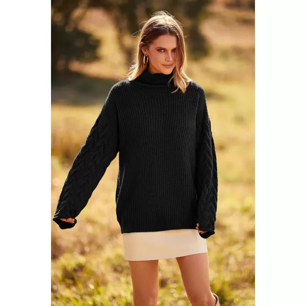 imagePRETTYGARDEN Womens 2023 Fall Fashion Pullover Sweaters Turtleneck Long Sleeve Cable Knit Sweater Casual Chunky Jumper TopsBlack