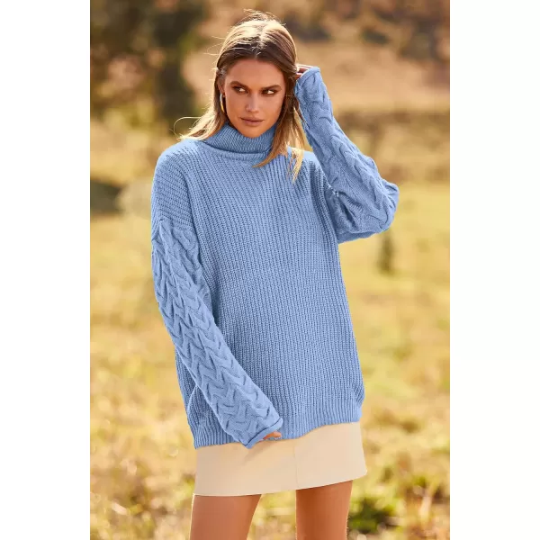 imagePRETTYGARDEN Womens 2023 Fall Fashion Pullover Sweaters Turtleneck Long Sleeve Cable Knit Sweater Casual Chunky Jumper TopsBlue