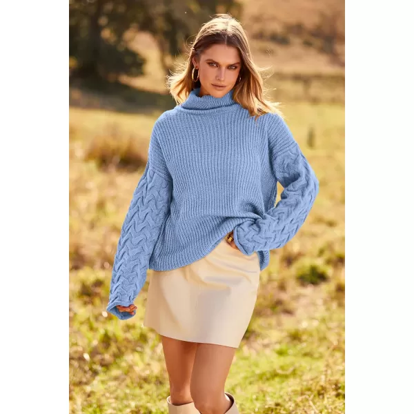 imagePRETTYGARDEN Womens 2023 Fall Fashion Pullover Sweaters Turtleneck Long Sleeve Cable Knit Sweater Casual Chunky Jumper TopsBlue