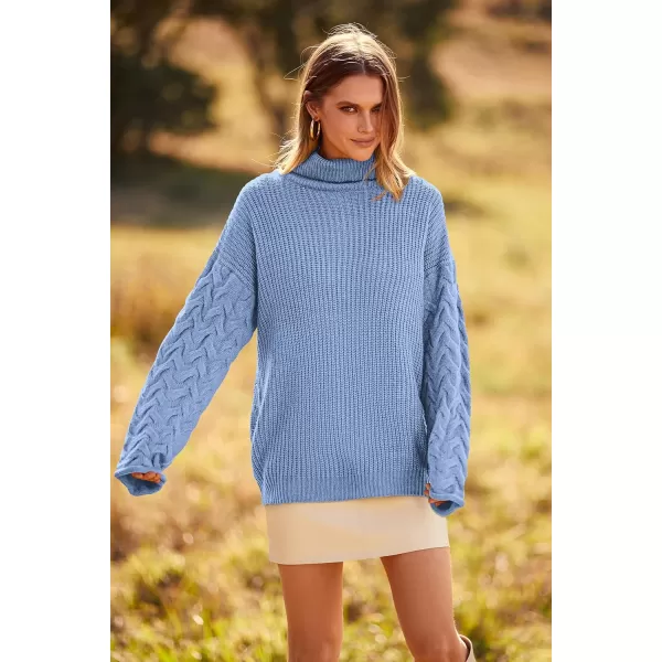 imagePRETTYGARDEN Womens 2023 Fall Fashion Pullover Sweaters Turtleneck Long Sleeve Cable Knit Sweater Casual Chunky Jumper TopsBlue