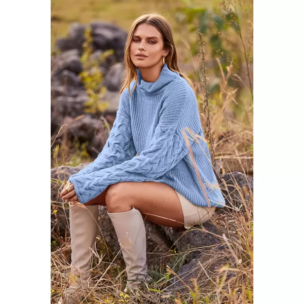 imagePRETTYGARDEN Womens 2023 Fall Fashion Pullover Sweaters Turtleneck Long Sleeve Cable Knit Sweater Casual Chunky Jumper TopsBlue