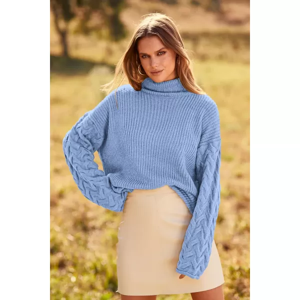 imagePRETTYGARDEN Womens 2023 Fall Fashion Pullover Sweaters Turtleneck Long Sleeve Cable Knit Sweater Casual Chunky Jumper TopsBlue