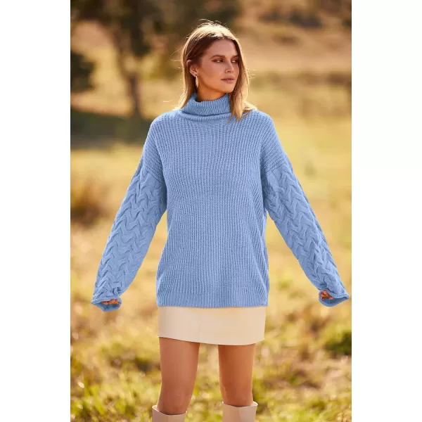imagePRETTYGARDEN Womens 2023 Fall Fashion Pullover Sweaters Turtleneck Long Sleeve Cable Knit Sweater Casual Chunky Jumper TopsBlue
