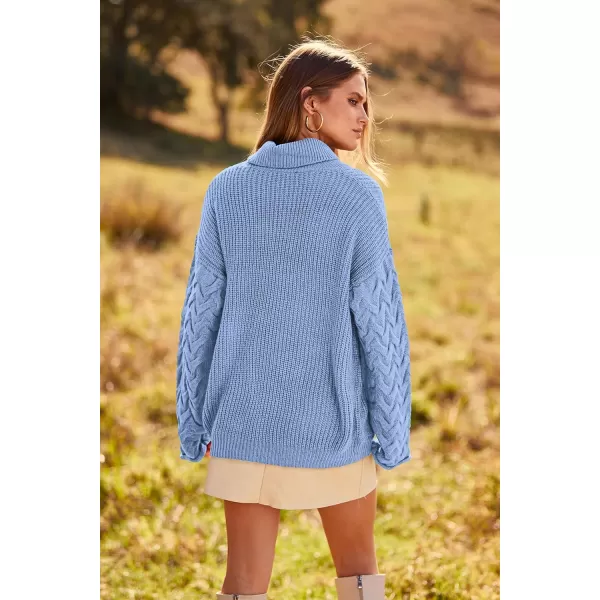 imagePRETTYGARDEN Womens 2023 Fall Fashion Pullover Sweaters Turtleneck Long Sleeve Cable Knit Sweater Casual Chunky Jumper TopsBlue