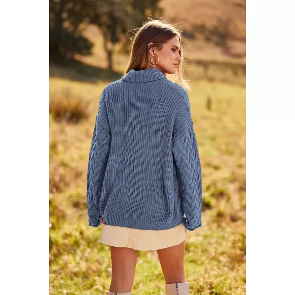 imagePRETTYGARDEN Womens 2023 Fall Fashion Pullover Sweaters Turtleneck Long Sleeve Cable Knit Sweater Casual Chunky Jumper TopsGrey Blue