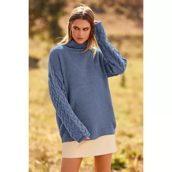imagePRETTYGARDEN Womens 2023 Fall Fashion Pullover Sweaters Turtleneck Long Sleeve Cable Knit Sweater Casual Chunky Jumper TopsGrey Blue