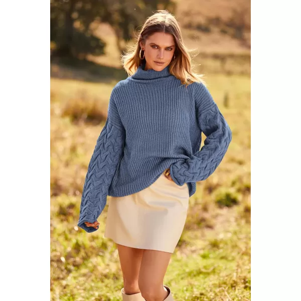 imagePRETTYGARDEN Womens 2023 Fall Fashion Pullover Sweaters Turtleneck Long Sleeve Cable Knit Sweater Casual Chunky Jumper TopsGrey Blue