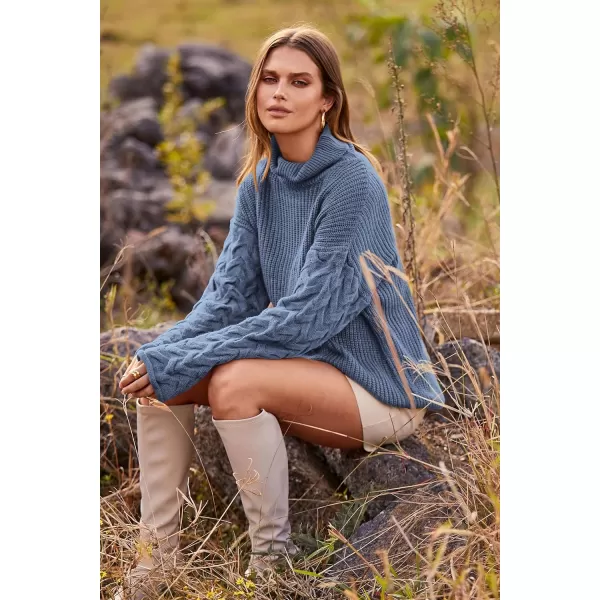 imagePRETTYGARDEN Womens 2023 Fall Fashion Pullover Sweaters Turtleneck Long Sleeve Cable Knit Sweater Casual Chunky Jumper TopsGrey Blue