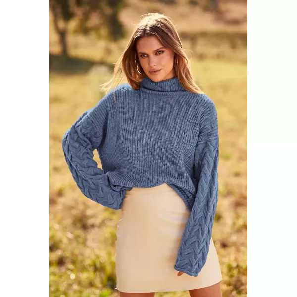 imagePRETTYGARDEN Womens 2023 Fall Fashion Pullover Sweaters Turtleneck Long Sleeve Cable Knit Sweater Casual Chunky Jumper TopsGrey Blue