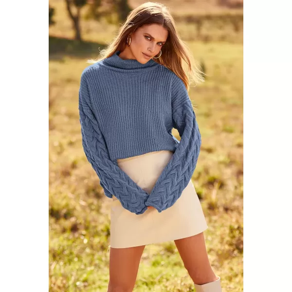 imagePRETTYGARDEN Womens 2023 Fall Fashion Pullover Sweaters Turtleneck Long Sleeve Cable Knit Sweater Casual Chunky Jumper TopsGrey Blue