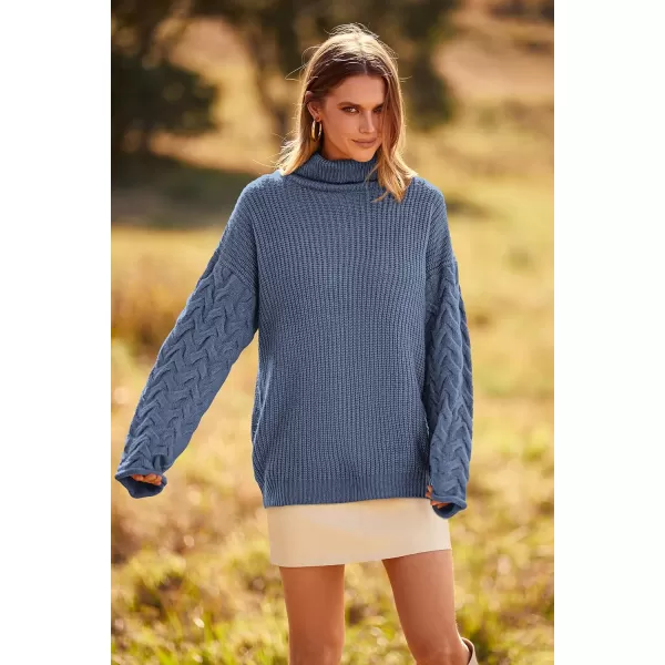 imagePRETTYGARDEN Womens 2023 Fall Fashion Pullover Sweaters Turtleneck Long Sleeve Cable Knit Sweater Casual Chunky Jumper TopsGrey Blue