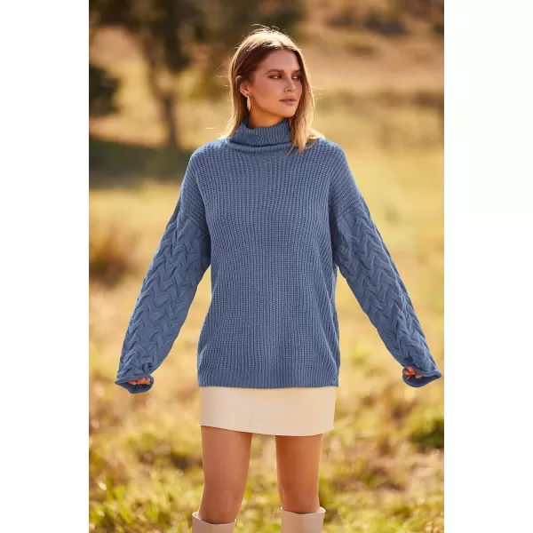 imagePRETTYGARDEN Womens 2023 Fall Fashion Pullover Sweaters Turtleneck Long Sleeve Cable Knit Sweater Casual Chunky Jumper TopsGrey Blue