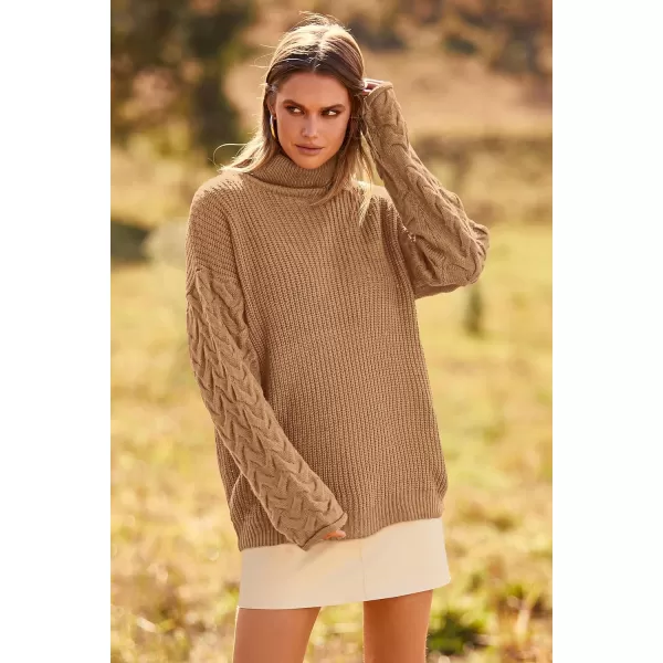 imagePRETTYGARDEN Womens 2023 Fall Fashion Pullover Sweaters Turtleneck Long Sleeve Cable Knit Sweater Casual Chunky Jumper TopsKhaki