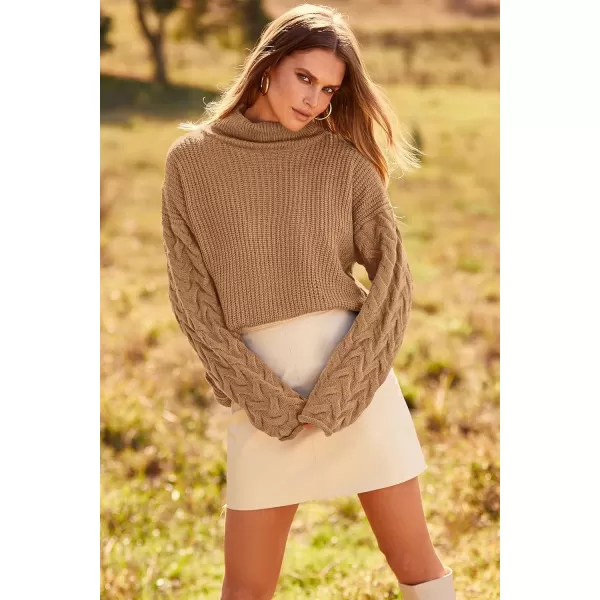 imagePRETTYGARDEN Womens 2023 Fall Fashion Pullover Sweaters Turtleneck Long Sleeve Cable Knit Sweater Casual Chunky Jumper TopsKhaki