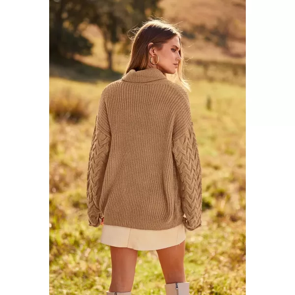 imagePRETTYGARDEN Womens 2023 Fall Fashion Pullover Sweaters Turtleneck Long Sleeve Cable Knit Sweater Casual Chunky Jumper TopsKhaki
