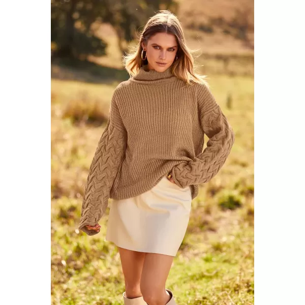imagePRETTYGARDEN Womens 2023 Fall Fashion Pullover Sweaters Turtleneck Long Sleeve Cable Knit Sweater Casual Chunky Jumper TopsKhaki