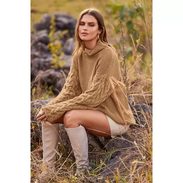 imagePRETTYGARDEN Womens 2023 Fall Fashion Pullover Sweaters Turtleneck Long Sleeve Cable Knit Sweater Casual Chunky Jumper TopsKhaki