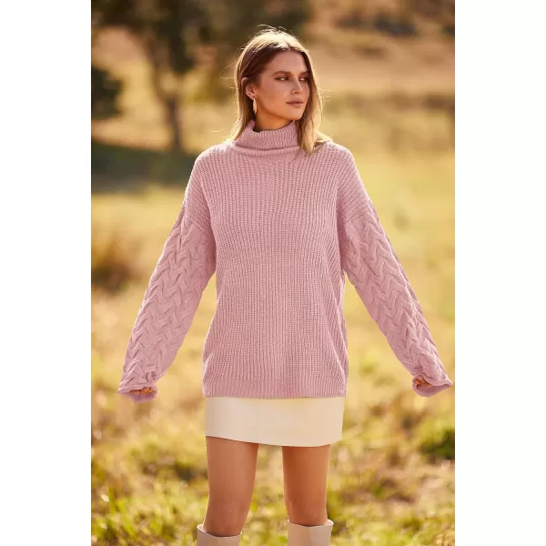 imagePRETTYGARDEN Womens 2023 Fall Fashion Pullover Sweaters Turtleneck Long Sleeve Cable Knit Sweater Casual Chunky Jumper TopsPink