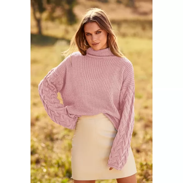 imagePRETTYGARDEN Womens 2023 Fall Fashion Pullover Sweaters Turtleneck Long Sleeve Cable Knit Sweater Casual Chunky Jumper TopsPink