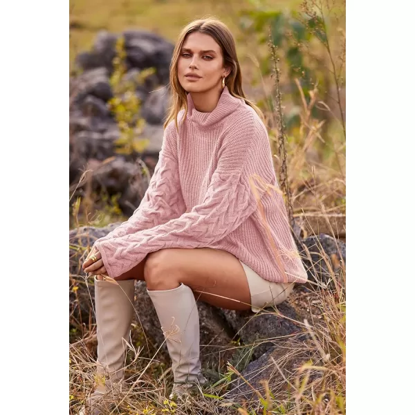 imagePRETTYGARDEN Womens 2023 Fall Fashion Pullover Sweaters Turtleneck Long Sleeve Cable Knit Sweater Casual Chunky Jumper TopsPink
