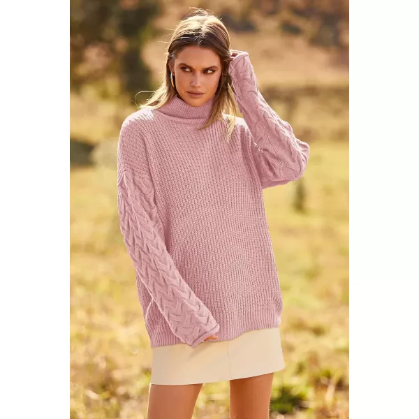 imagePRETTYGARDEN Womens 2023 Fall Fashion Pullover Sweaters Turtleneck Long Sleeve Cable Knit Sweater Casual Chunky Jumper TopsPink