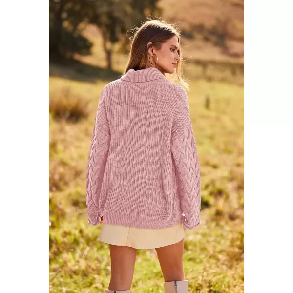 imagePRETTYGARDEN Womens 2023 Fall Fashion Pullover Sweaters Turtleneck Long Sleeve Cable Knit Sweater Casual Chunky Jumper TopsPink