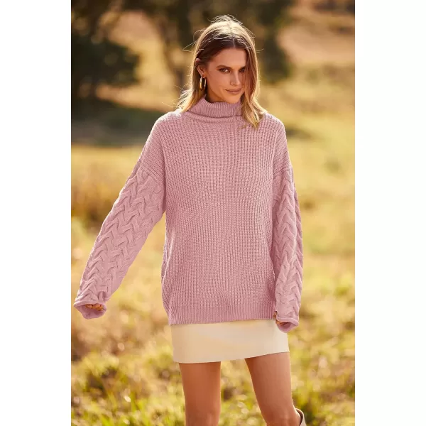 imagePRETTYGARDEN Womens 2023 Fall Fashion Pullover Sweaters Turtleneck Long Sleeve Cable Knit Sweater Casual Chunky Jumper TopsPink