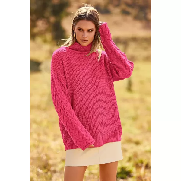 imagePRETTYGARDEN Womens 2023 Fall Fashion Pullover Sweaters Turtleneck Long Sleeve Cable Knit Sweater Casual Chunky Jumper TopsRose Red
