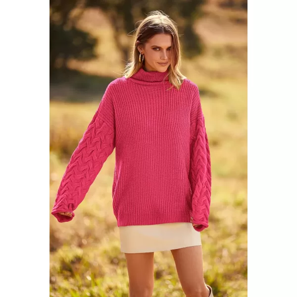 imagePRETTYGARDEN Womens 2023 Fall Fashion Pullover Sweaters Turtleneck Long Sleeve Cable Knit Sweater Casual Chunky Jumper TopsRose Red