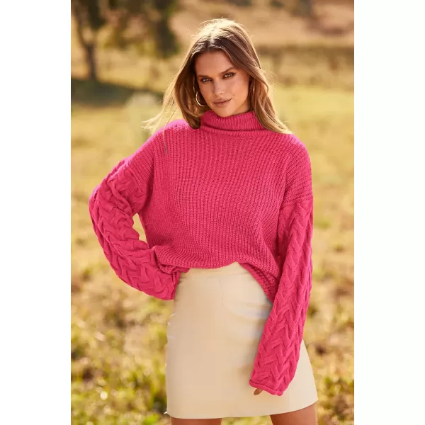 imagePRETTYGARDEN Womens 2023 Fall Fashion Pullover Sweaters Turtleneck Long Sleeve Cable Knit Sweater Casual Chunky Jumper TopsRose Red