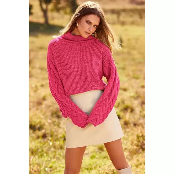 imagePRETTYGARDEN Womens 2023 Fall Fashion Pullover Sweaters Turtleneck Long Sleeve Cable Knit Sweater Casual Chunky Jumper TopsRose Red