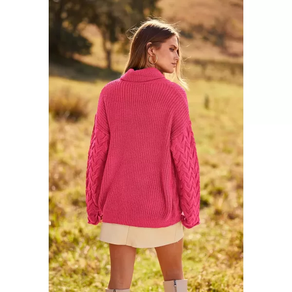 imagePRETTYGARDEN Womens 2023 Fall Fashion Pullover Sweaters Turtleneck Long Sleeve Cable Knit Sweater Casual Chunky Jumper TopsRose Red