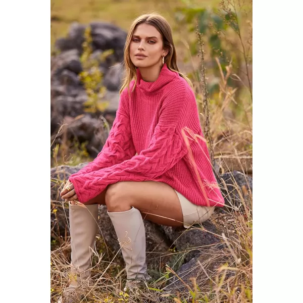 imagePRETTYGARDEN Womens 2023 Fall Fashion Pullover Sweaters Turtleneck Long Sleeve Cable Knit Sweater Casual Chunky Jumper TopsRose Red