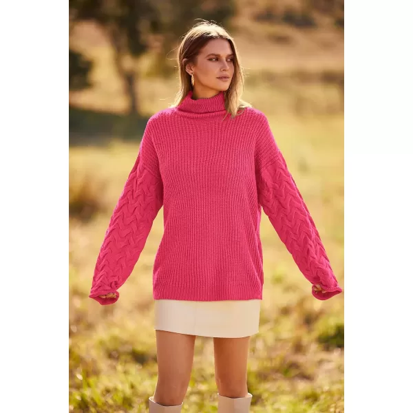 imagePRETTYGARDEN Womens 2023 Fall Fashion Pullover Sweaters Turtleneck Long Sleeve Cable Knit Sweater Casual Chunky Jumper TopsRose Red