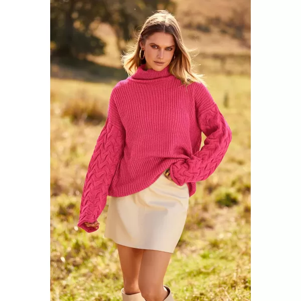imagePRETTYGARDEN Womens 2023 Fall Fashion Pullover Sweaters Turtleneck Long Sleeve Cable Knit Sweater Casual Chunky Jumper TopsRose Red